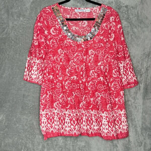 The Paragon L Large Shirt Top Red Floral 3/4 Sleeve Scoop Neck Sequin Cotton